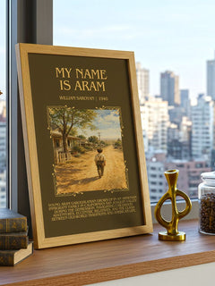 My Name Is Aram Minimalist Book Poster by William Saroyan – framed print on a city-view windowsill