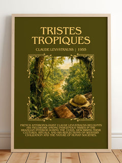 Tristes Tropiques Minimalist Book Poster by Claude Lévi-Strauss – framed print leaning on a wooden floor