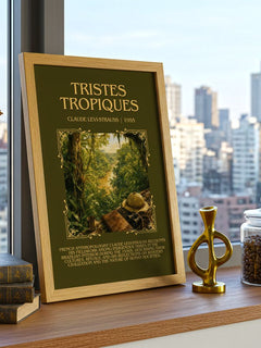 Tristes Tropiques Minimalist Book Poster by Claude Lévi-Strauss – framed print on a city-view windowsill