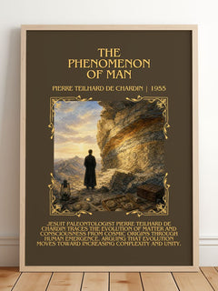 Phenomenon Of Man Minimalist Book Poster by Pierre Teilhard de Chardin – framed print leaning on a wooden floor