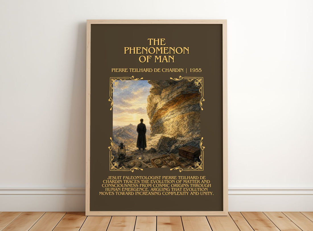 Phenomenon Of Man Minimalist Book Poster by Pierre Teilhard de Chardin – framed print leaning on a wooden floor