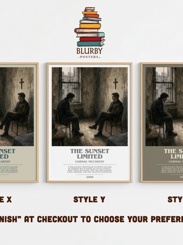 The Sunset Limited bookish print in frame leaning in hallway – literary fiction wall art