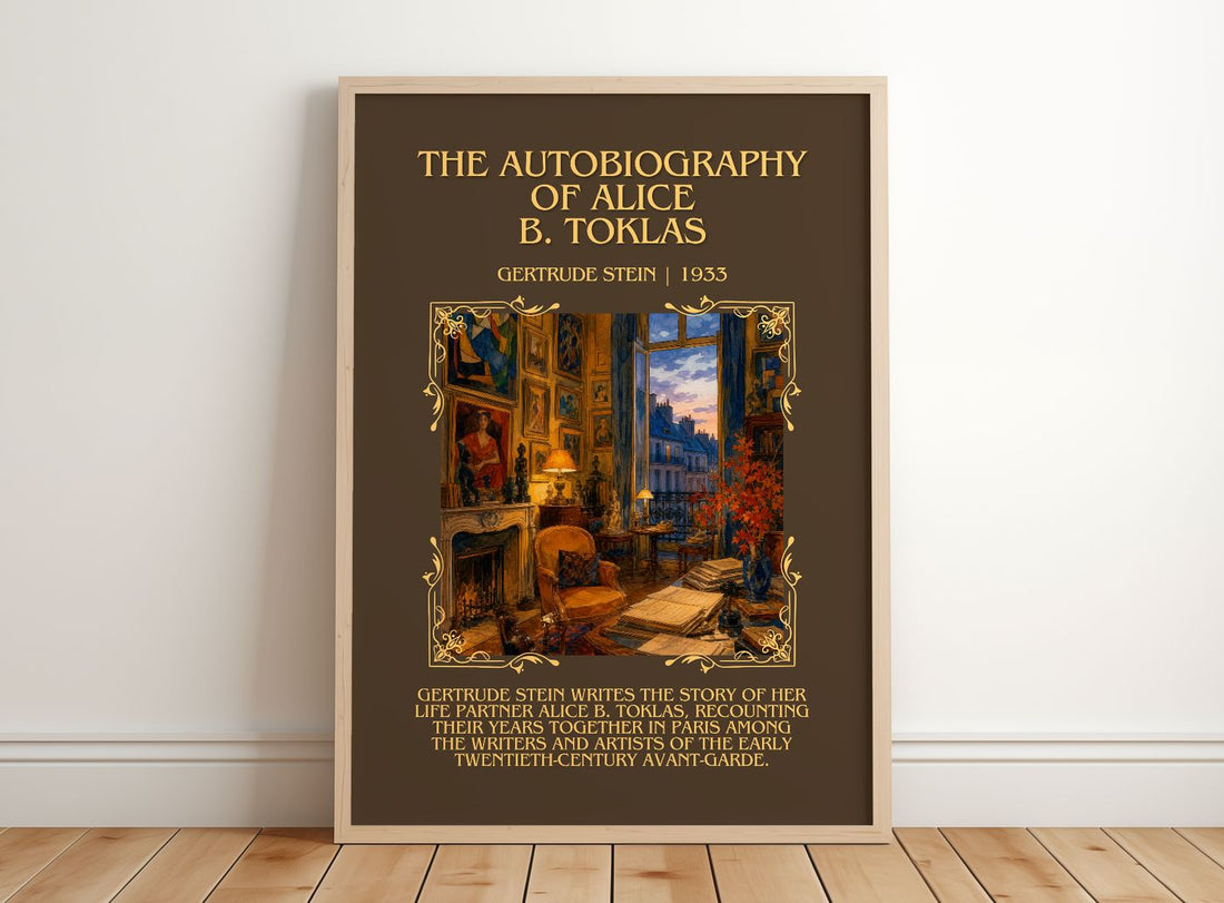 Autobiography of Alice B. Toklas Minimalist Book Poster by G. Stein – framed print leaning on a wooden floor