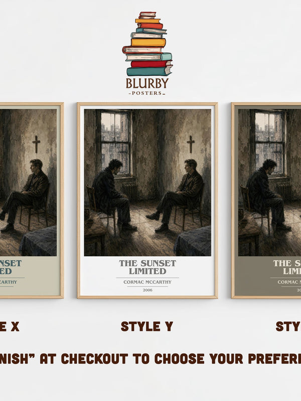 The Sunset Limited book cover print in frame leaning in hallway – literary fiction wall art