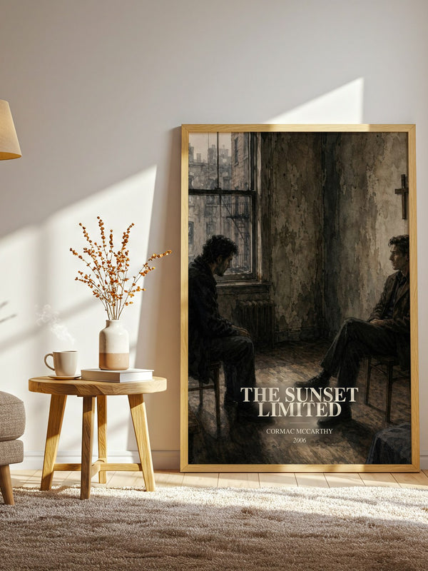 The Sunset Limited watercolour print in frame leaning in hallway – literary fiction wall art