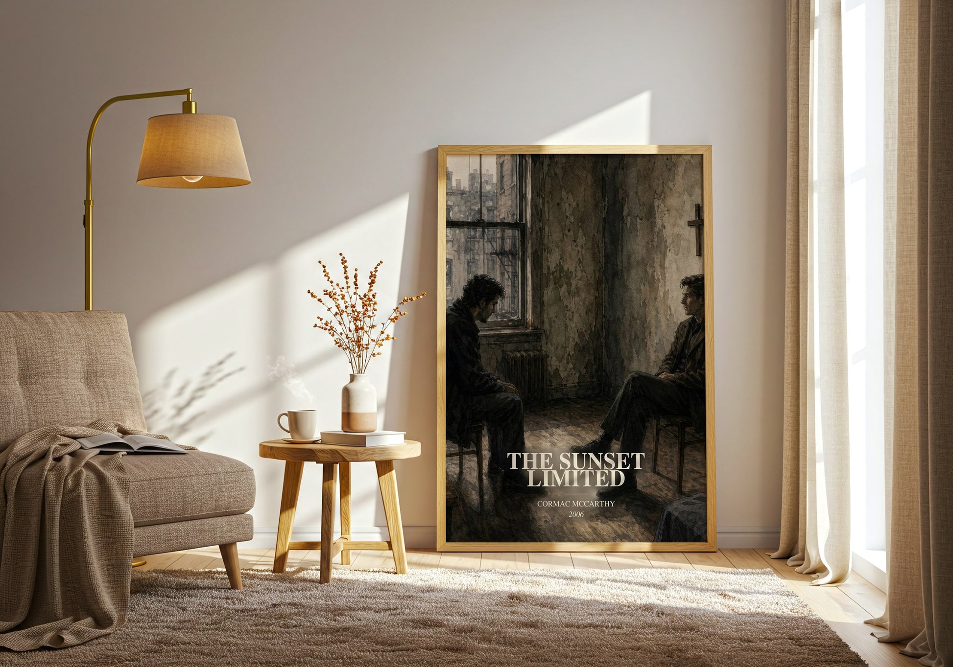 The Sunset Limited watercolour print in frame leaning in hallway – literary fiction wall art