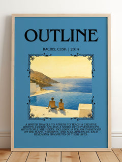 Outline Minimalist Book Poster by Rachel Cusk – framed print leaning on a wooden floor