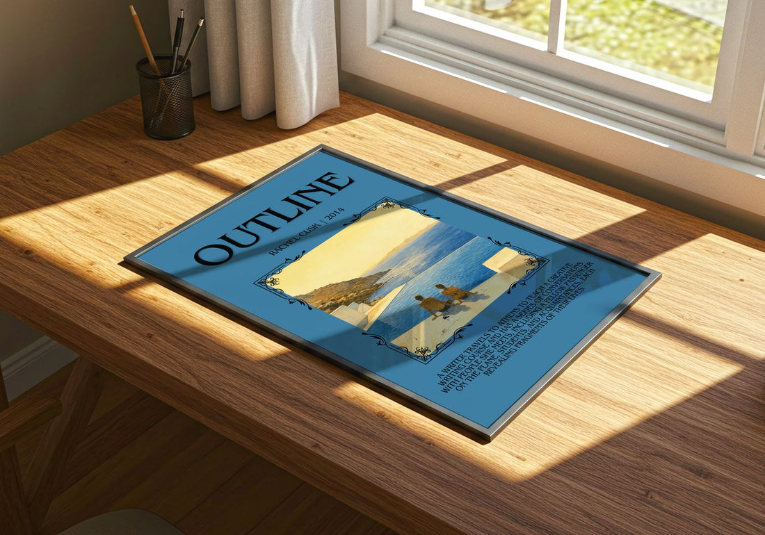 Outline Minimalist Book Poster by Rachel Cusk – print on a sunlit desk
