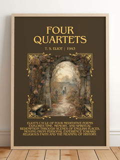 Four Quartets Minimalist Book Poster by T. S. Eliot – framed print leaning on a wooden floor