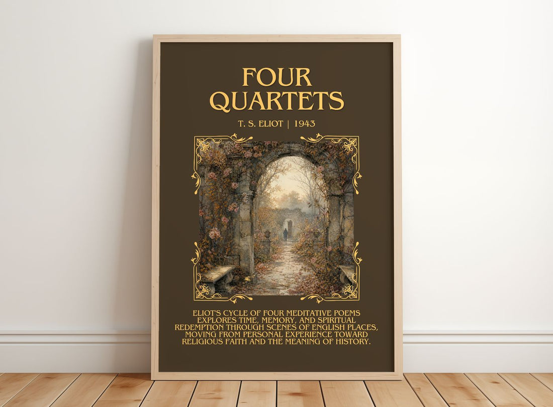 Four Quartets Minimalist Book Poster by T. S. Eliot – framed print leaning on a wooden floor