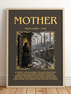 Mother Minimalist Book Poster by Maxim Gorky – framed print leaning on a wooden floor