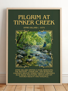 Pilgrim at Tinker Creek Minimalist Book Poster by Annie Dillard – framed print leaning on a wooden floor