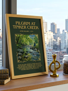 Pilgrim at Tinker Creek Minimalist Book Poster by Annie Dillard – framed print on a city-view windowsill