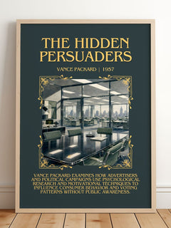 The Hidden Persuaders Minimalist Book Poster by Vance Packard – framed print leaning on a wooden floor