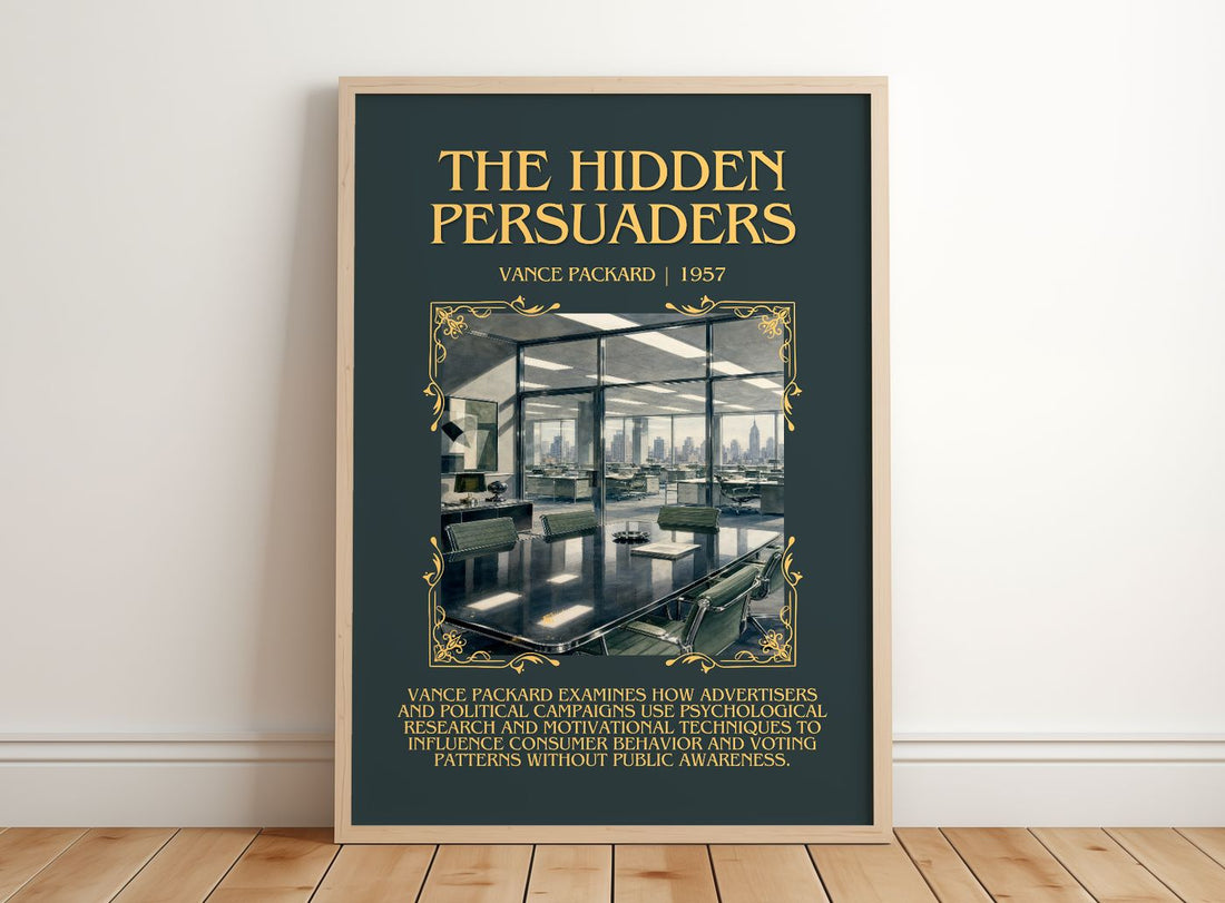 The Hidden Persuaders Minimalist Book Poster by Vance Packard – framed print leaning on a wooden floor