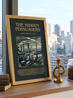 The Hidden Persuaders Minimalist Book Poster by Vance Packard – framed print on a city-view windowsill