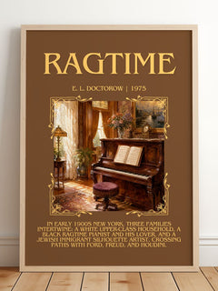 Ragtime Minimalist Book Poster by E. L. Doctorow – framed print leaning on a wooden floor