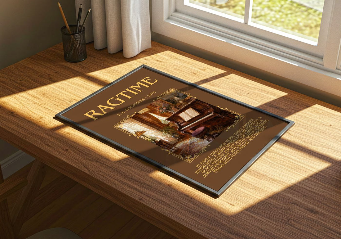 Ragtime Minimalist Book Poster by E. L. Doctorow – print on a sunlit desk