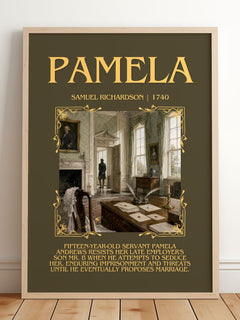 Pamela Minimalist Book Poster by Samuel Richardson – framed print leaning on a wooden floor
