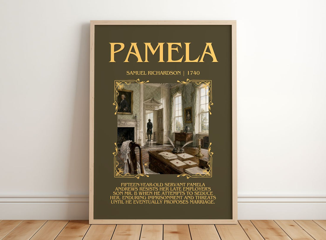 Pamela Minimalist Book Poster by Samuel Richardson – framed print leaning on a wooden floor