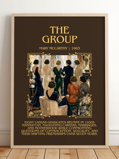 The Group Minimalist Book Poster by Mary McCarthy – framed print leaning on a wooden floor