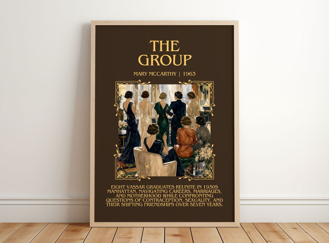 The Group Minimalist Book Poster by Mary McCarthy – framed print leaning on a wooden floor