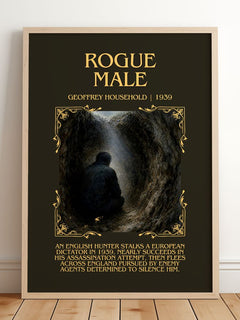 Rogue Male Minimalist Book Poster by Geoffrey Household – framed print leaning on a wooden floor