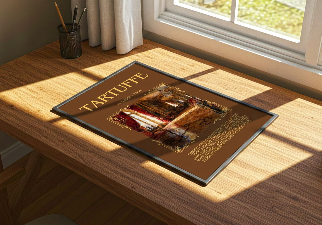Tartuffe Minimalist Book Poster by Molière – print on a sunlit desk