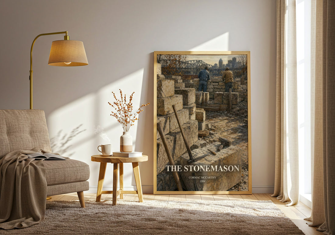 The Stonemason watercolour print in frame leaning in hallway – literary fiction wall art (mockup)