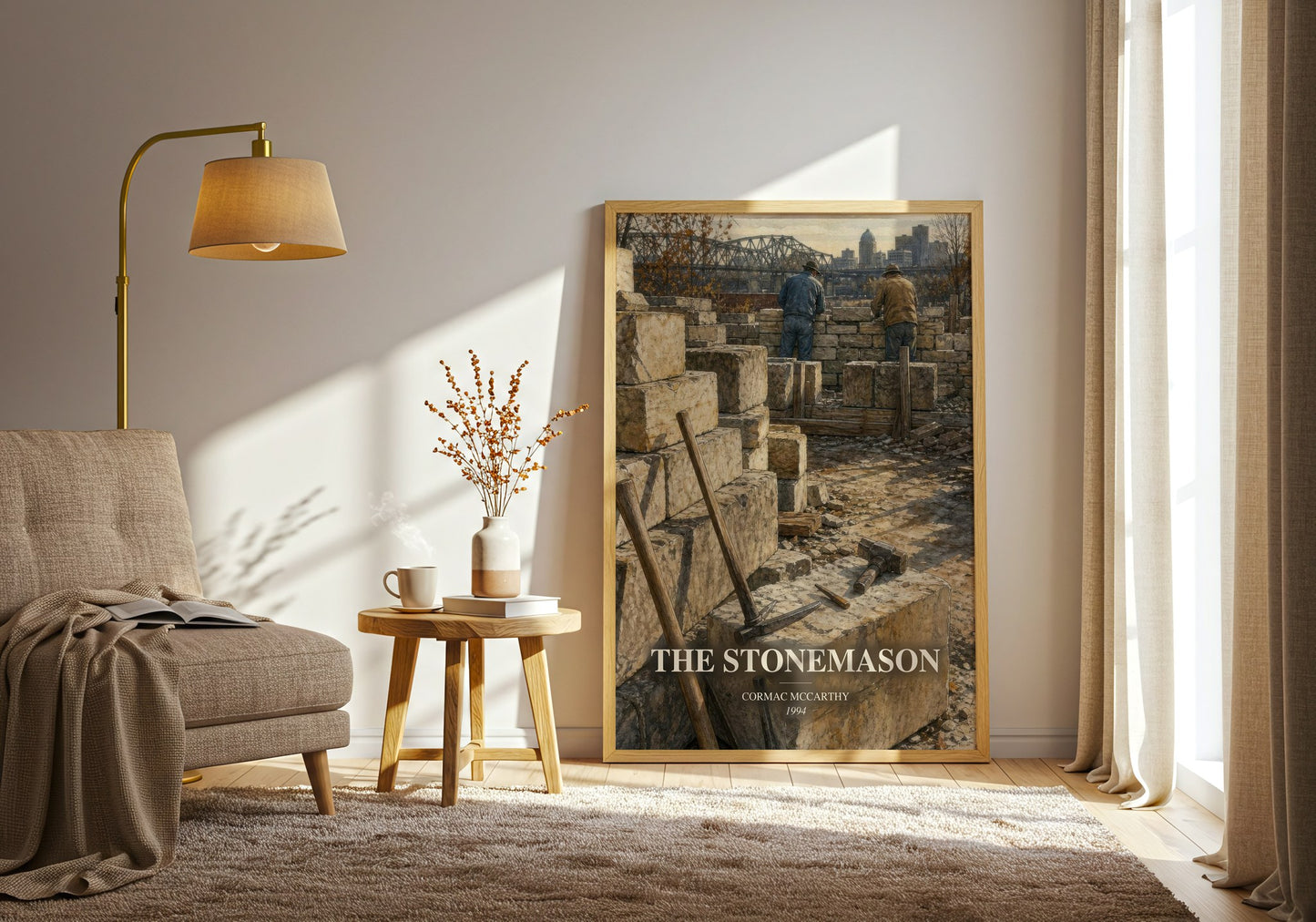 The Stonemason watercolour print in frame leaning in hallway – literary fiction wall art