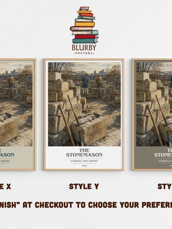 The Stonemason book cover print in frame leaning in hallway – literary fiction wall art
