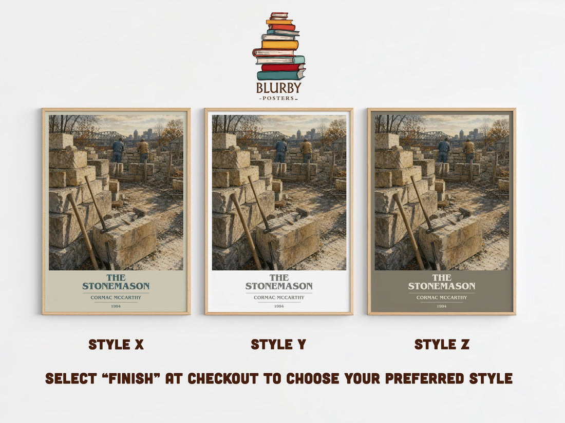 The Stonemason book cover print in frame leaning in hallway – literary fiction wall art (mockup)