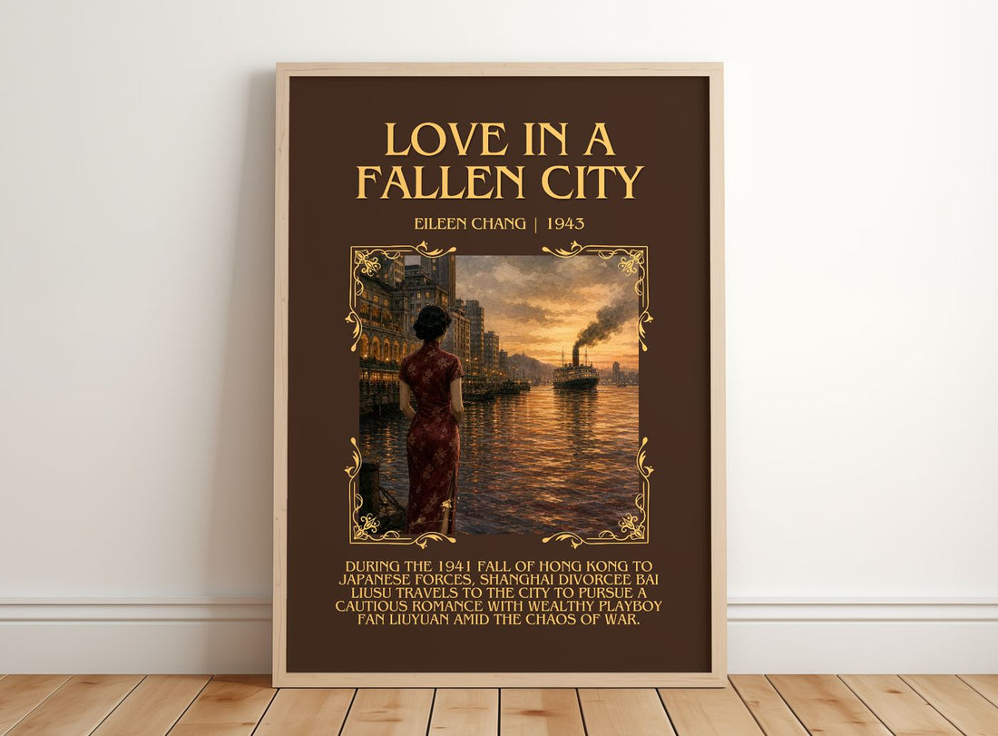 Love In A Fallen City Minimalist Book Poster by Eileen Chang – framed print leaning on a wooden floor