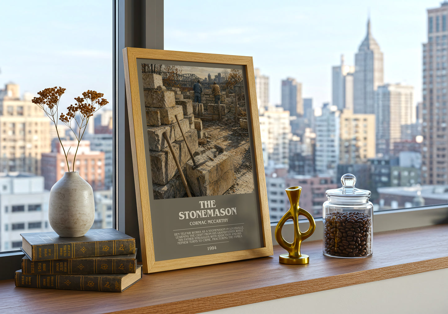 The Stonemason bookish print framed by window – literary home decor
