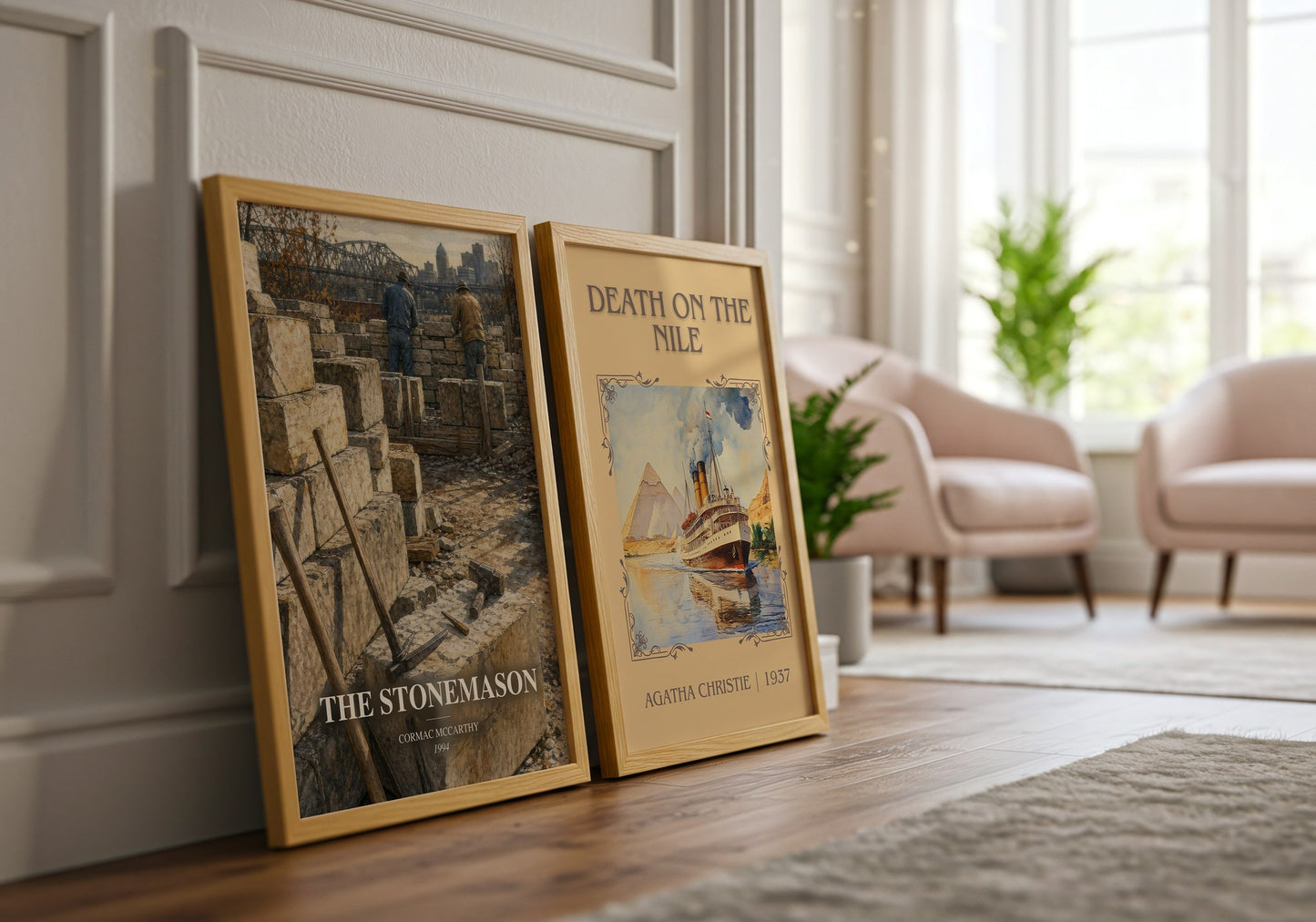 The Stonemason watercolour print framed by window – literary home decor