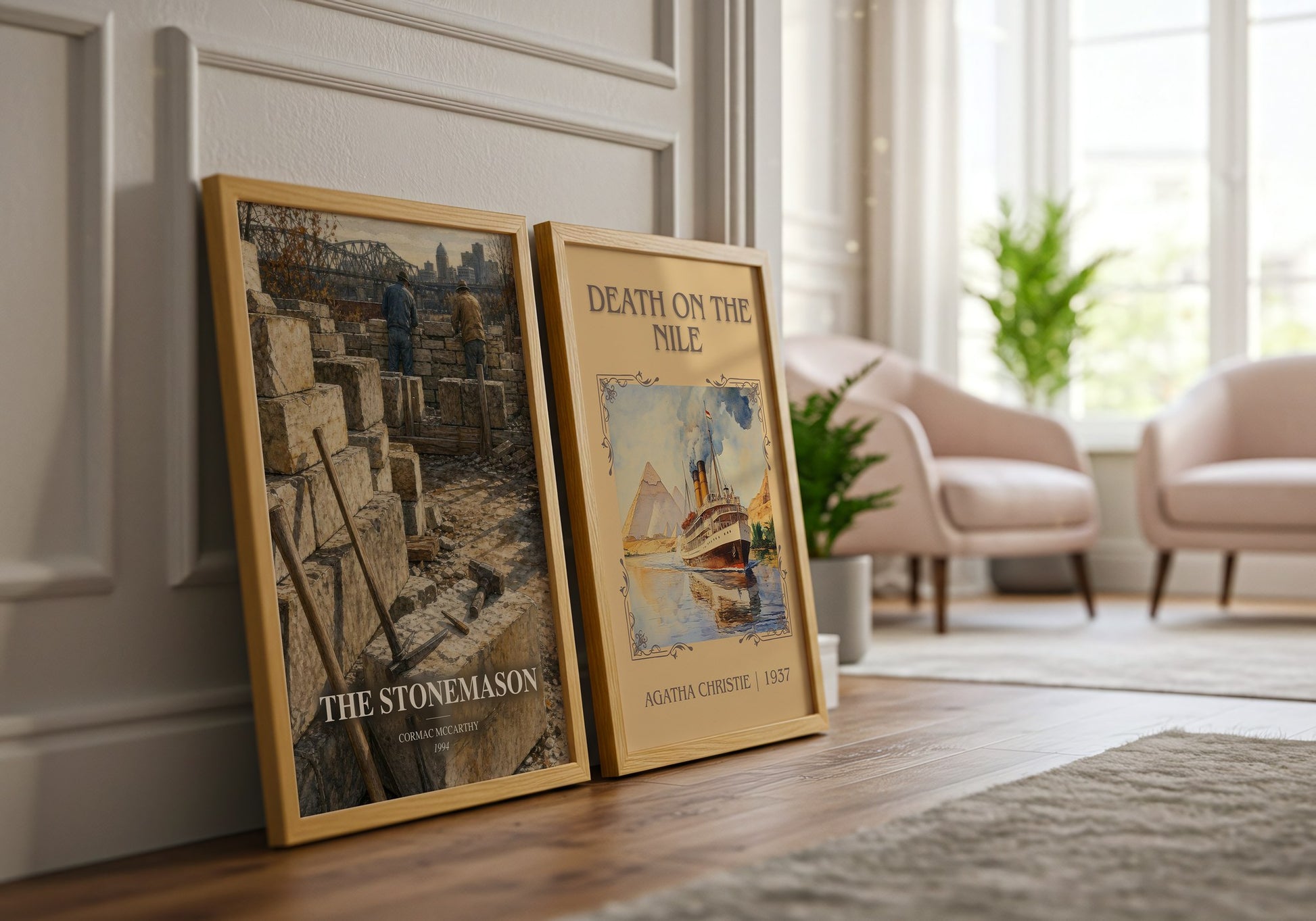 The Stonemason watercolour print framed by window – literary home decor