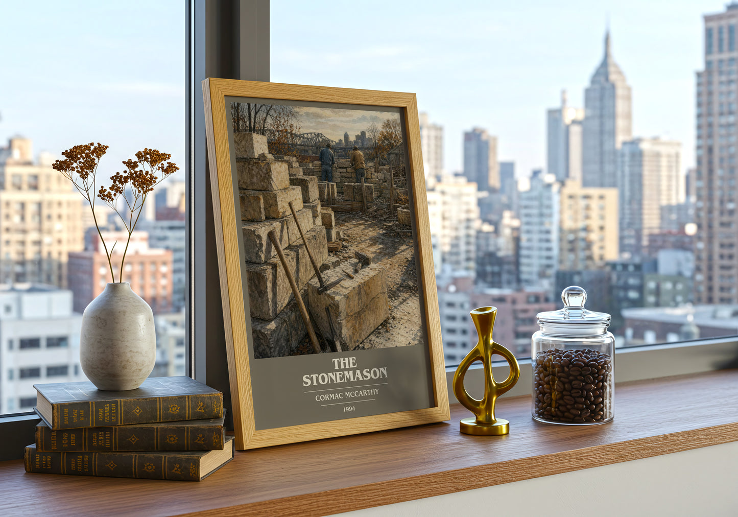 The Stonemason book cover print framed by window – literary home decor