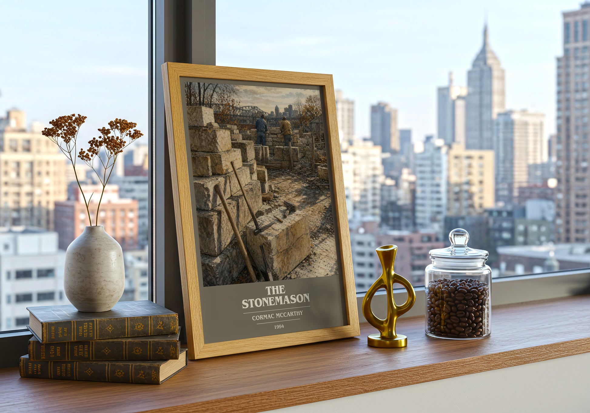 The Stonemason book cover print framed by window – literary home decor