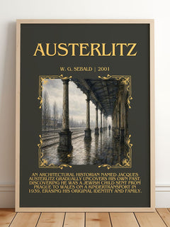 Austerlitz Minimalist Book Poster by W. G. Sebald – framed print leaning on a wooden floor