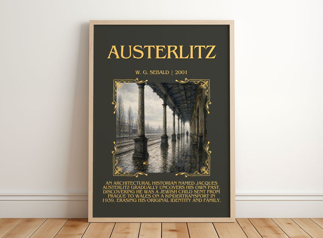 Austerlitz Minimalist Book Poster by W. G. Sebald – framed print leaning on a wooden floor