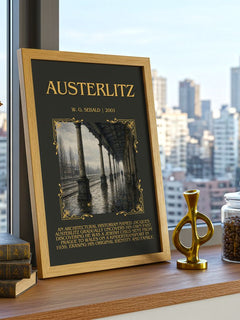 Austerlitz Minimalist Book Poster by W. G. Sebald – framed print on a city-view windowsill