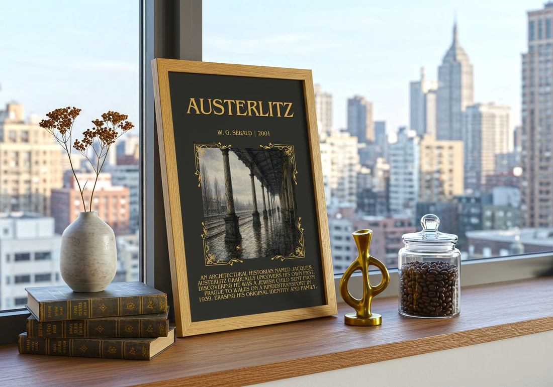 Austerlitz Minimalist Book Poster by W. G. Sebald – framed print on a city-view windowsill