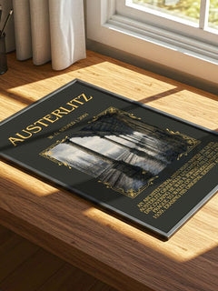 Austerlitz Minimalist Book Poster by W. G. Sebald – print on a sunlit desk