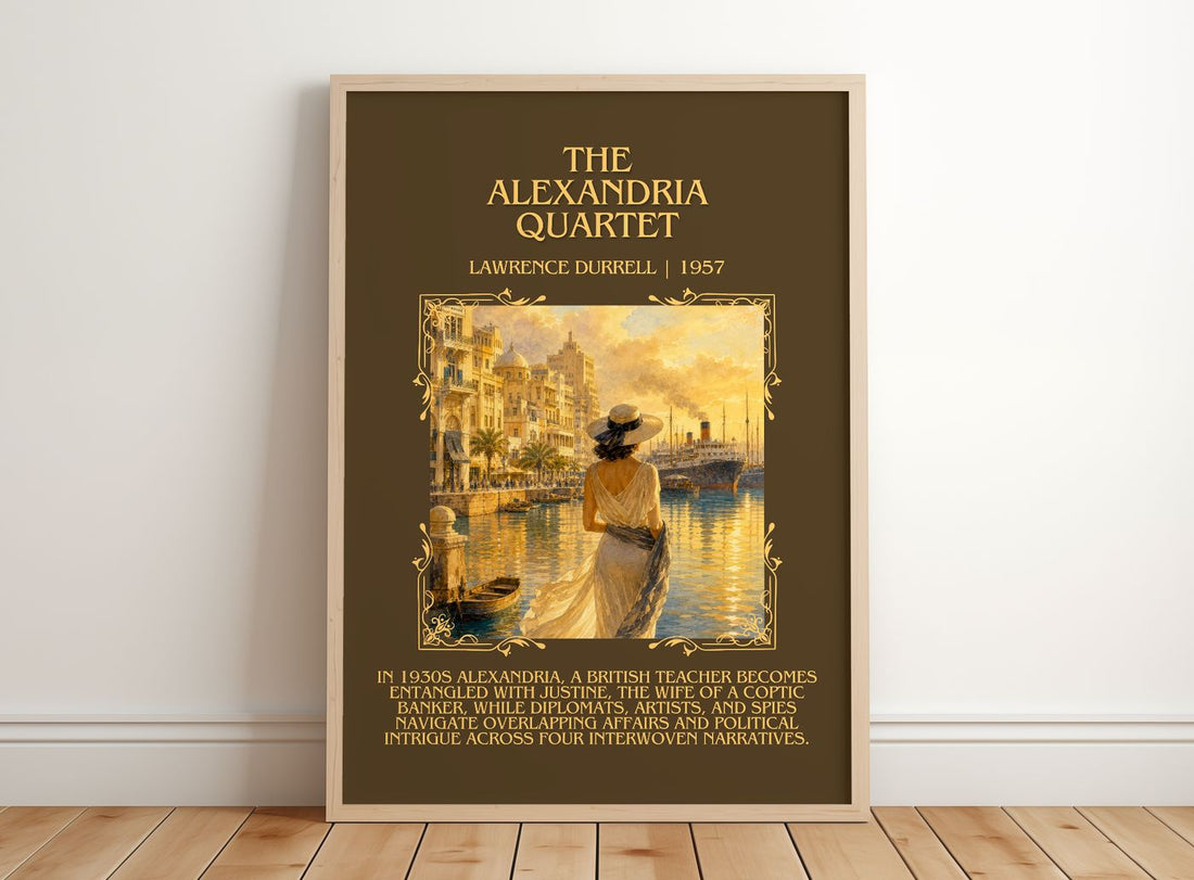 The Alexandria Quartet Minimalist Book Poster by Lawrence Durrell – framed print leaning on a wooden floor