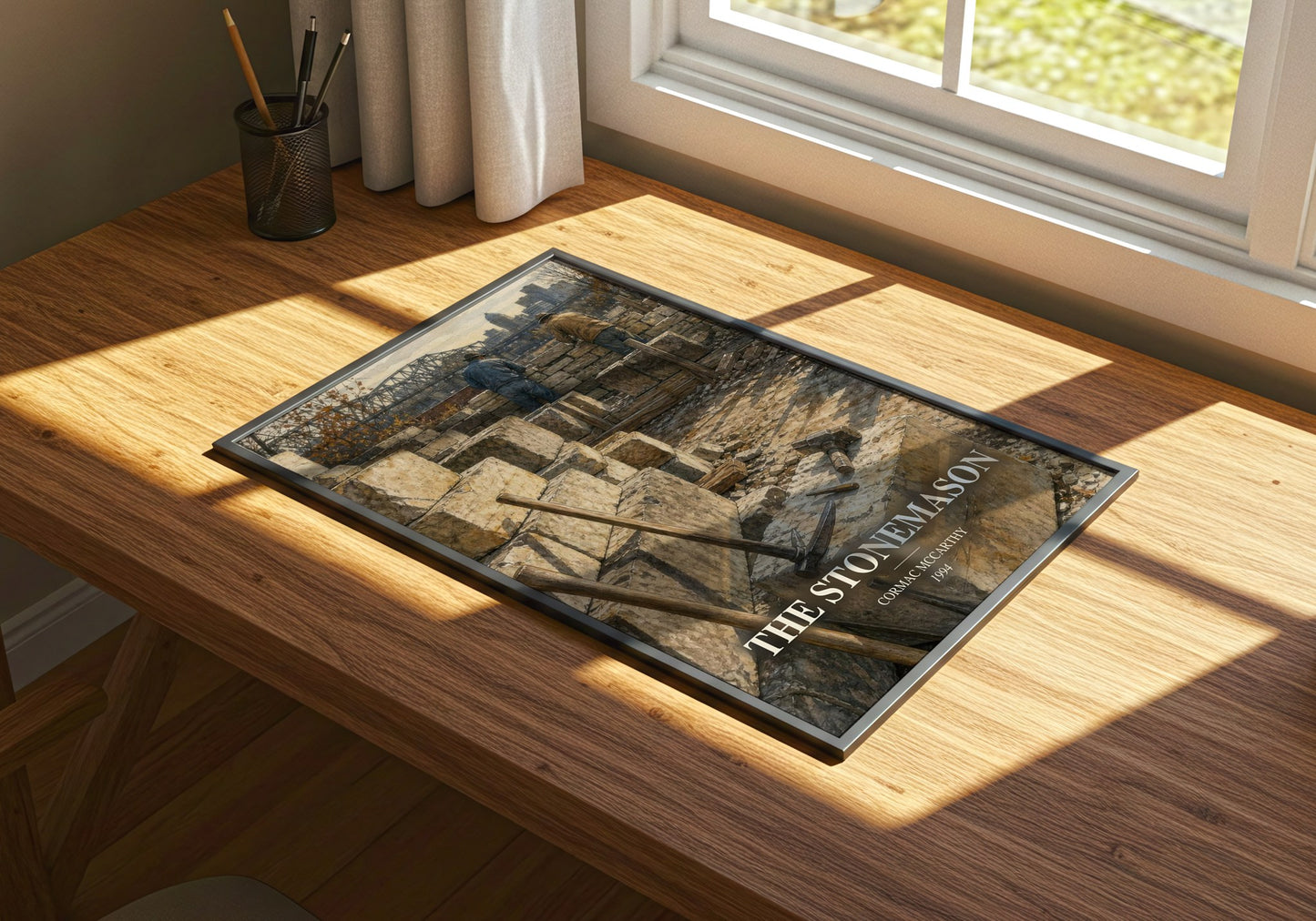 The Stonemason watercolour book poster framed on wall – literary fiction wall art