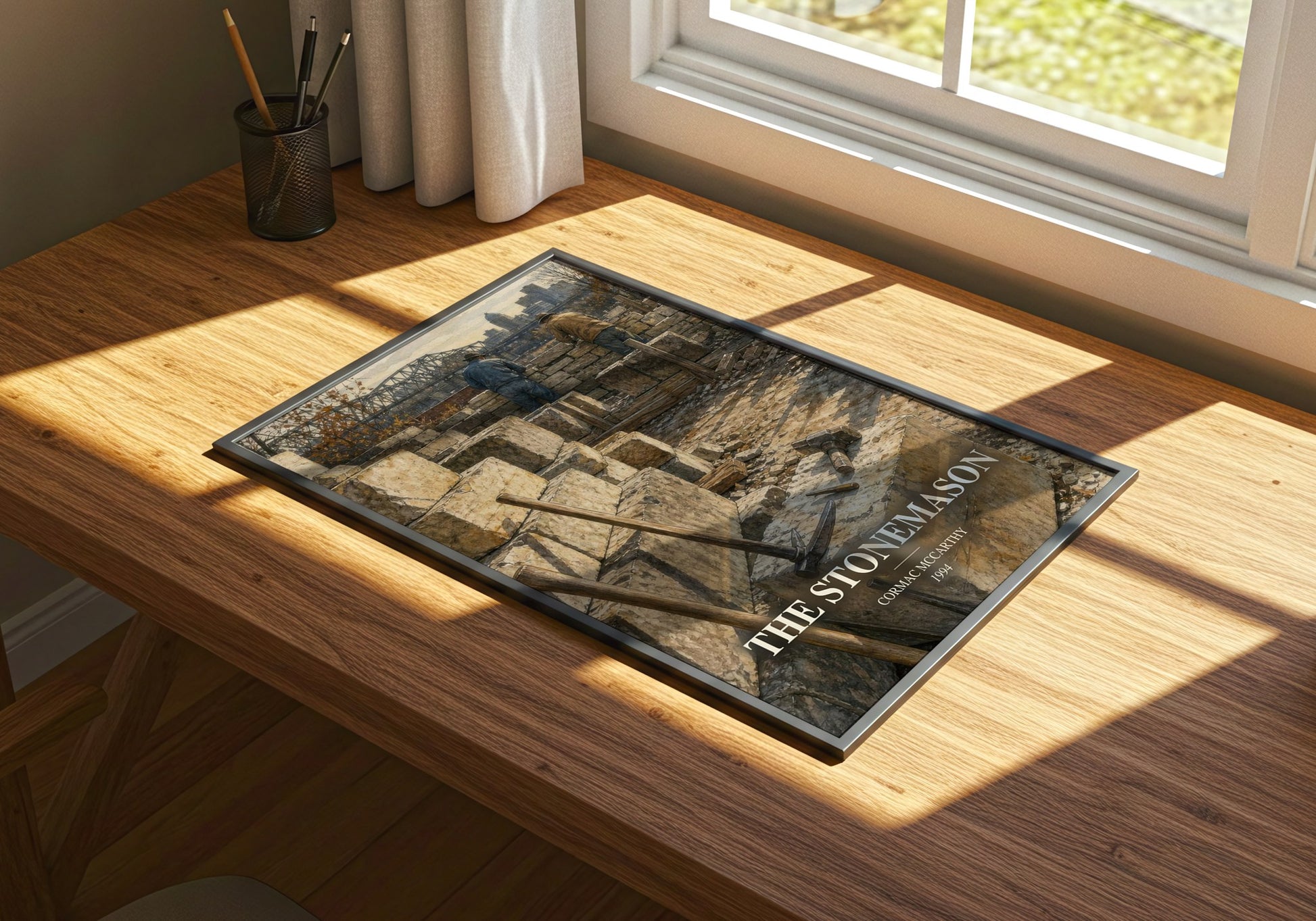 The Stonemason watercolour book poster framed on wall – literary fiction wall art