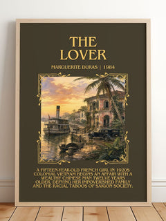 The Lover Minimalist Book Poster by Marguerite Duras – framed print leaning on a wooden floor