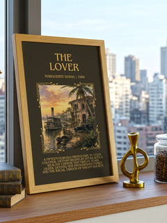 The Lover Minimalist Book Poster by Marguerite Duras – framed print on a city-view windowsill