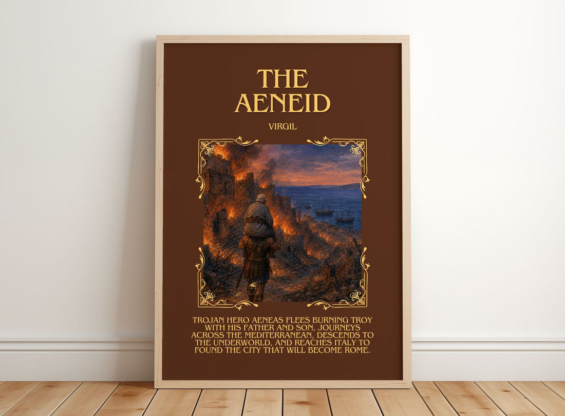 The Aeneid Minimalist Book Poster by Virgil – framed print leaning on a wooden floor