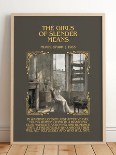 The Girls of Slender Means Minimalist Book Poster by Muriel Spark – framed print leaning on a wooden floor